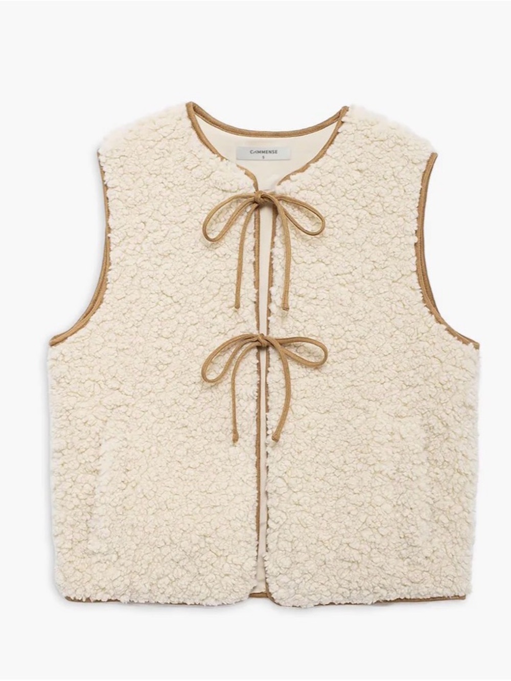 Commense Cream Sherpa Vest with Tan Trim Accents